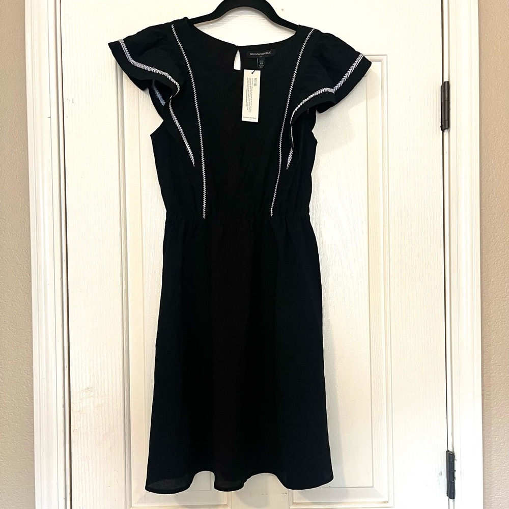 Banana Republic Black Dress with Ruffles & White Braid Outline